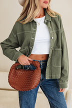Smoke Green Patched Pocket Collared Button Front Boyfriend Denim Jacket