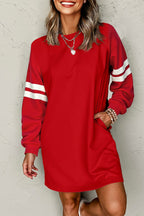 Tillandsia Purple Varsity Contrast Banded Sleeve Shift Sweatshirt Dress