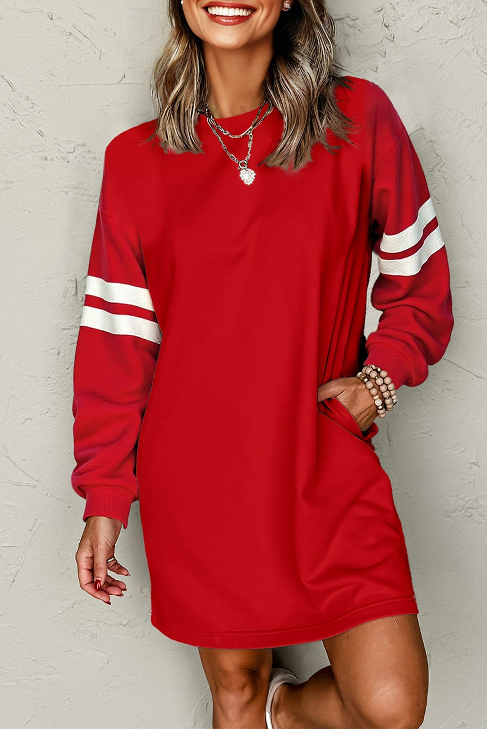 Tillandsia Purple Varsity Contrast Banded Sleeve Shift Sweatshirt Dress