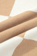 Light French Beige Checkered Pattern Loose Drop Shoulder Half Sleeve Sweater