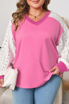 Bonbon Lace Striped Patchwork Long Sleeve Corded V Neck Plus Size Top