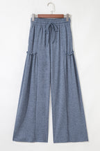 High Frilled Detail Wide Leg Drawstring Elastic Waistband Pants