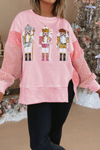 Light Pink Sequin Nutcracker Textured Sleeve Patchwork Color Block Sweatshirt