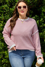 Light Pink Contrast Trim Knitted Drop Shoulder Plus Size Top