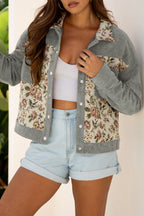 Medium Grey Ribbed Retro Floral Patchwork Shirt Style Jacket