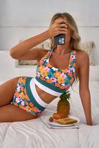 Green Floral Print Racerback Cutout High Waist 2pcs Bikini