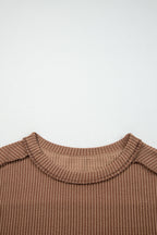 Dark Khaki Twist Ribbed Exposed Seam Detail Long Sleeve Loose Top