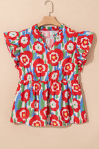 Red Plus Size Floral Print Ruffle Trim Split Neck Peplum Top