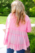 Pink Tiered Ruffle Ribbed Crew Neck Pullover Plus Size Top