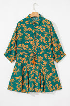 Green Floral Print Drawstring Tunic Flowy Short Dress