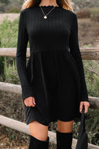 Black Frilled Neck Ribbed Knit Patchwork Long Sleeve Mini Dress