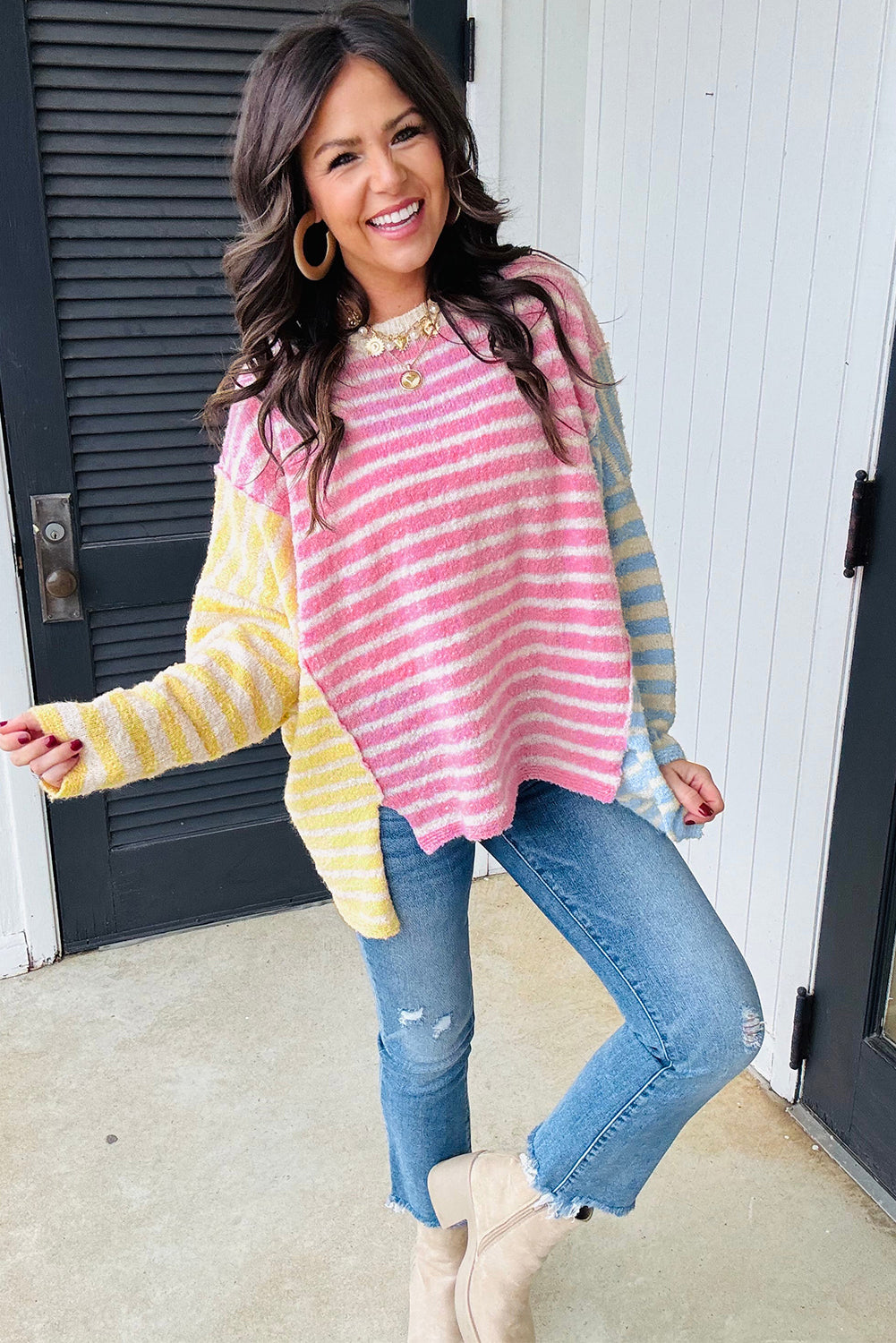 Multicolour Color Block Striped Patchwork Dolman Sleeve Slit Sweater