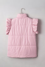 Pink Stand Neck Flutter Sleeve Snap Button Puffer Vest