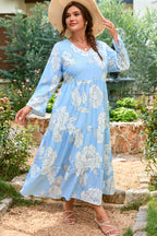 Sky Blue Floral Bracelet Sleeve V Neck Plus Size Tiered Maxi Dress