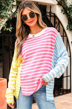 Multicolour Color Block Striped Patchwork Dolman Sleeve Slit Sweater