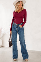 Red Dahlia Lace-trimmed Sweetheart Neckline Ruched Detail Long Sleeve T-shirt