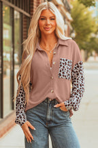Rose Red Leopard Patched Twisted Ribbed Western Casual Shacket