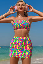 Multicolour Abstract Print Textured Spaghetti Strap High Waist Bikini Set