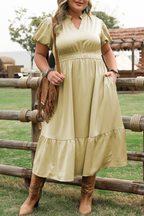 Laurel Green Notched V Neck Puff Sleeve Tiered Plus Size Maxi Dress