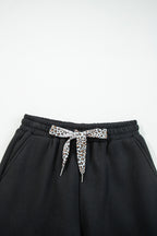 Coffee Fleece Lined Leopard Drawstring Elastic Waist Solid Pants