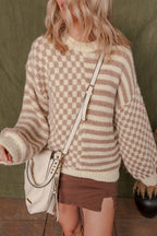 Khaki Stripe Checkerboard Drop Shoulder Balloon Sleeve Sweater