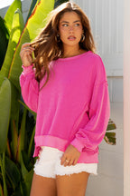 Strawberry Pink Twisted Rib Uneven Hem Drop Shoulder Loose Knit Top