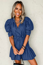 Blue Drawstring High Waist Puff Sleeve Denim Mini Dress