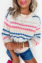Khaki Stripe Eyelet Patterned Drop Shoulder Sweater