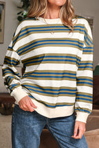 Khaki Stripe Crew Neck Drop Shoulder Pullover Sweatshirt