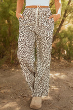 Khaki Leopard Drawstring Elastic Waistband Loose Pants