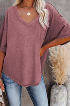Purple Exposed Seam Half Sleeve Knitted V Neck Textured Top