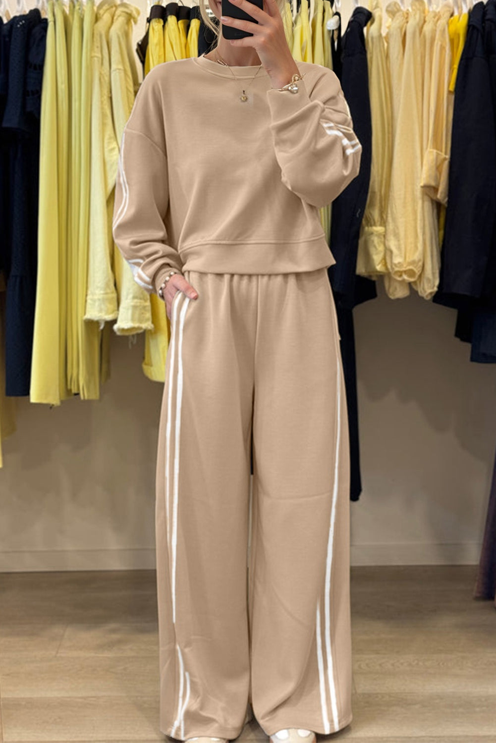 Oatmeal Varsity Striped Detail Crewneck Pullover Elastic Sweatpants 2pcs Outfit