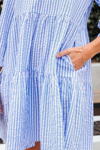 Sky Blue Stripe Bracelet Sleeve Tiered Shift Dress with Pockets
