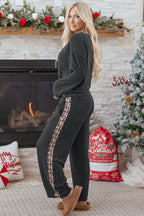 Carbon Grey Twisted Rib Texture Leopard Patchwork Detail 2pcs Pant Set