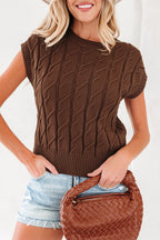 Dark Brown Cable Texture Crew Neck Short Sleeve Sweater Top