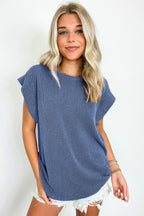 Gray Twisted Rib Wide Sleeve Crew Neck T Shirt