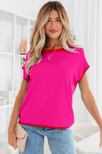 Rose Red Contrast Trim Round Neck Short Sleeve Loose Knit Sweater