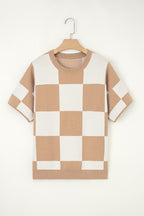 Light French Beige Checkered Pattern Loose Drop Shoulder Half Sleeve Sweater