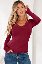 Red Dahlia Lace-trimmed Sweetheart Neckline Ruched Detail Long Sleeve T-shirt