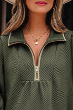 Jungle Green Quarter Zip Collar Bracelet Sleeve Textured Mini Dress