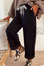 Coffee Fleece Lined Leopard Drawstring Elastic Waist Solid Pants