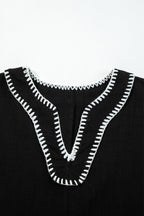 Jungle Green Contrast Stitched V Neck 3/4 Sleeve Tiered Mini Dress