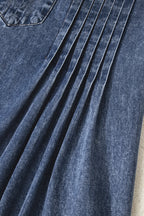 Sail Blue 3/4 Sleeve Tied V Neck Pleated Denim Mini Dress