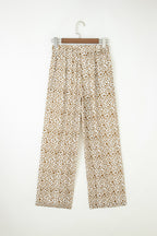 Khaki Leopard Drawstring Elastic Waistband Loose Pants
