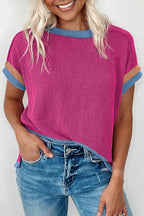 Sky Blue Textured Contrast Trim Round Neck T Shirt