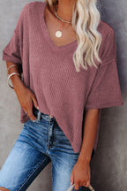 Purple Exposed Seam Half Sleeve Knitted V Neck Textured Top