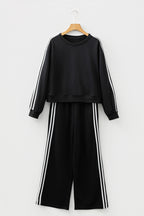 Oatmeal Varsity Striped Detail Crewneck Pullover Elastic Sweatpants 2pcs Outfit