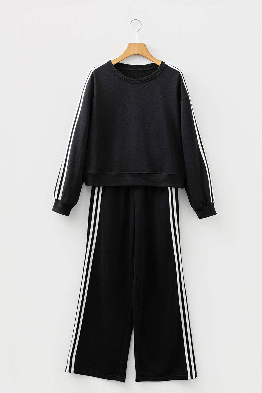 Oatmeal Varsity Striped Detail Crewneck Pullover Elastic Sweatpants 2pcs Outfit