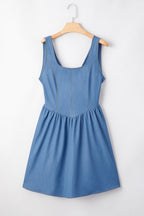 Myosotis Square Neck Pleated Waist V Cut Backless Tied Fit and Flare Dress