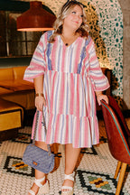 White Stripe Plus Size Embroidered Detail Flared 3/4 Sleeve V Neck Dress
